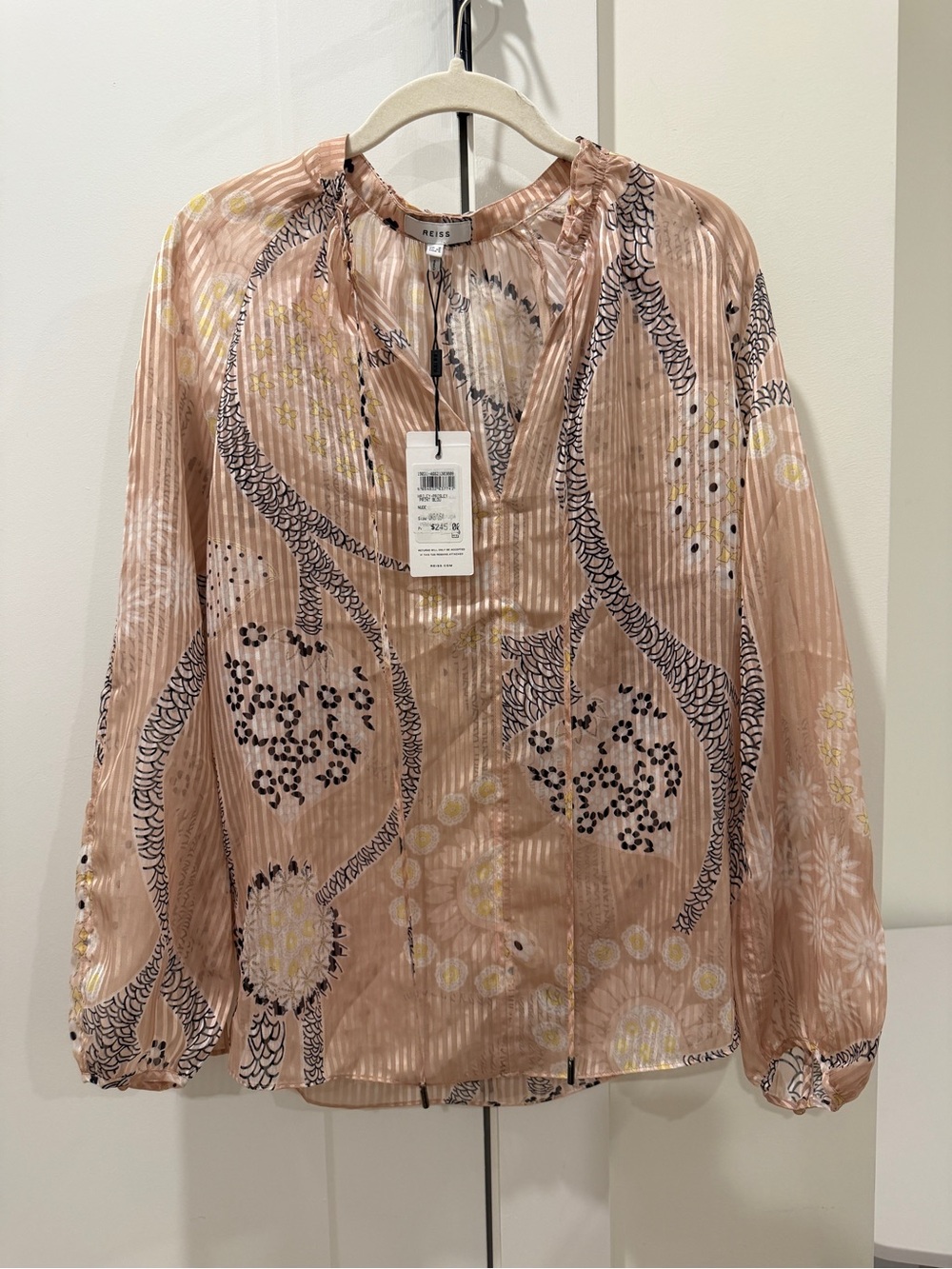 Reiss Peach-Pink Paisley Print Long-Sleeve Blouse
